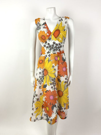 VTG 60s 70s WHITE ORANGE YELLOW FLORAL DAISY SHEER V-NECK SUMMER DRESS 12 14