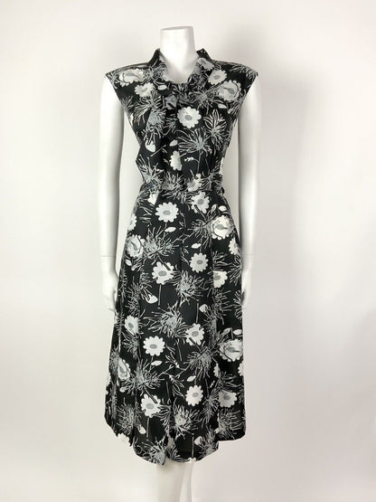 VINTAGE 60s 70s BLACK GREY WHITE FLORAL BOW SHAWL SLEEVELESS DRESS 10 12
