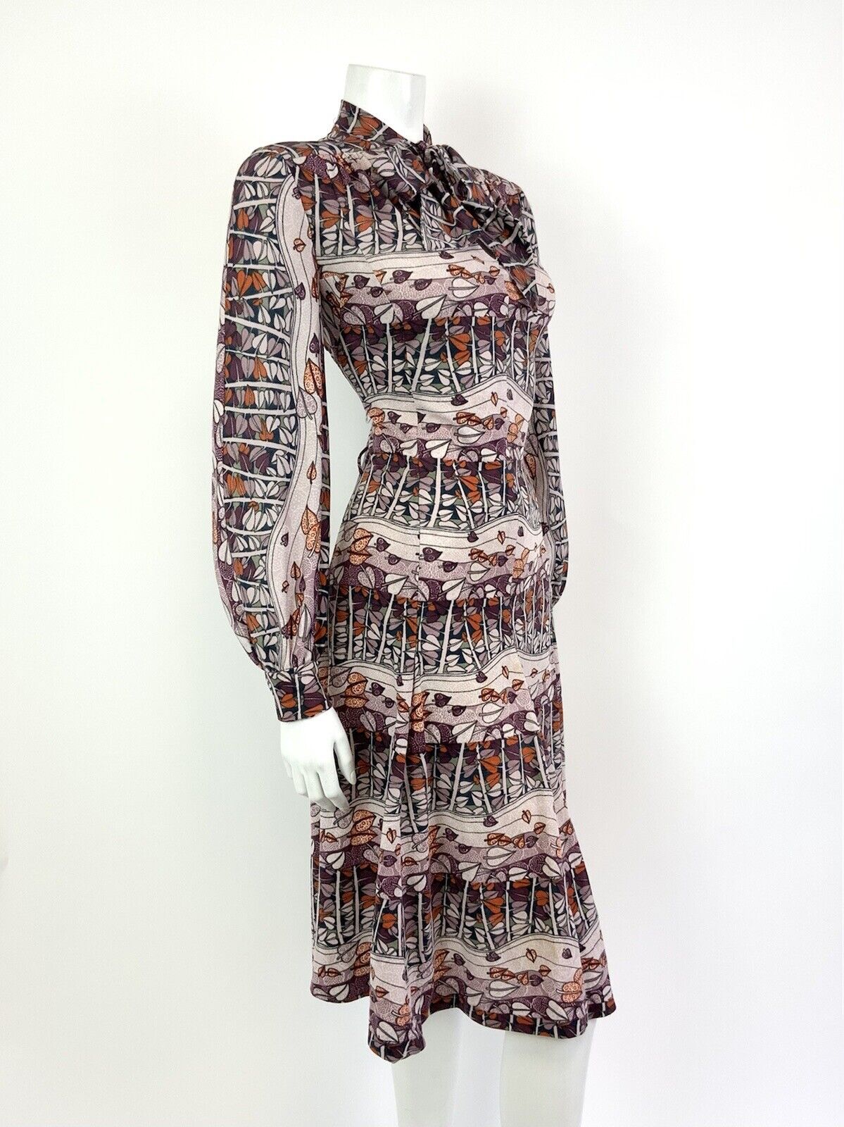 VTG 60s 70s PURPLE PINK ORANGE LEAFY TREE VINE PSYCHEDELIC PUSSYBOW DRESS 14 16