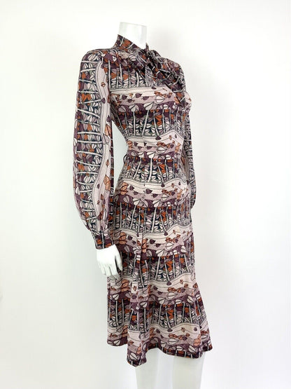 VTG 60s 70s PURPLE PINK ORANGE LEAFY TREE VINE PSYCHEDELIC PUSSYBOW DRESS 14 16