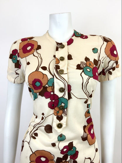 VINTAGE 60s 70s CREAM BROWN RED FLORAL VINE SHORT SHIFT DRESS 10 12