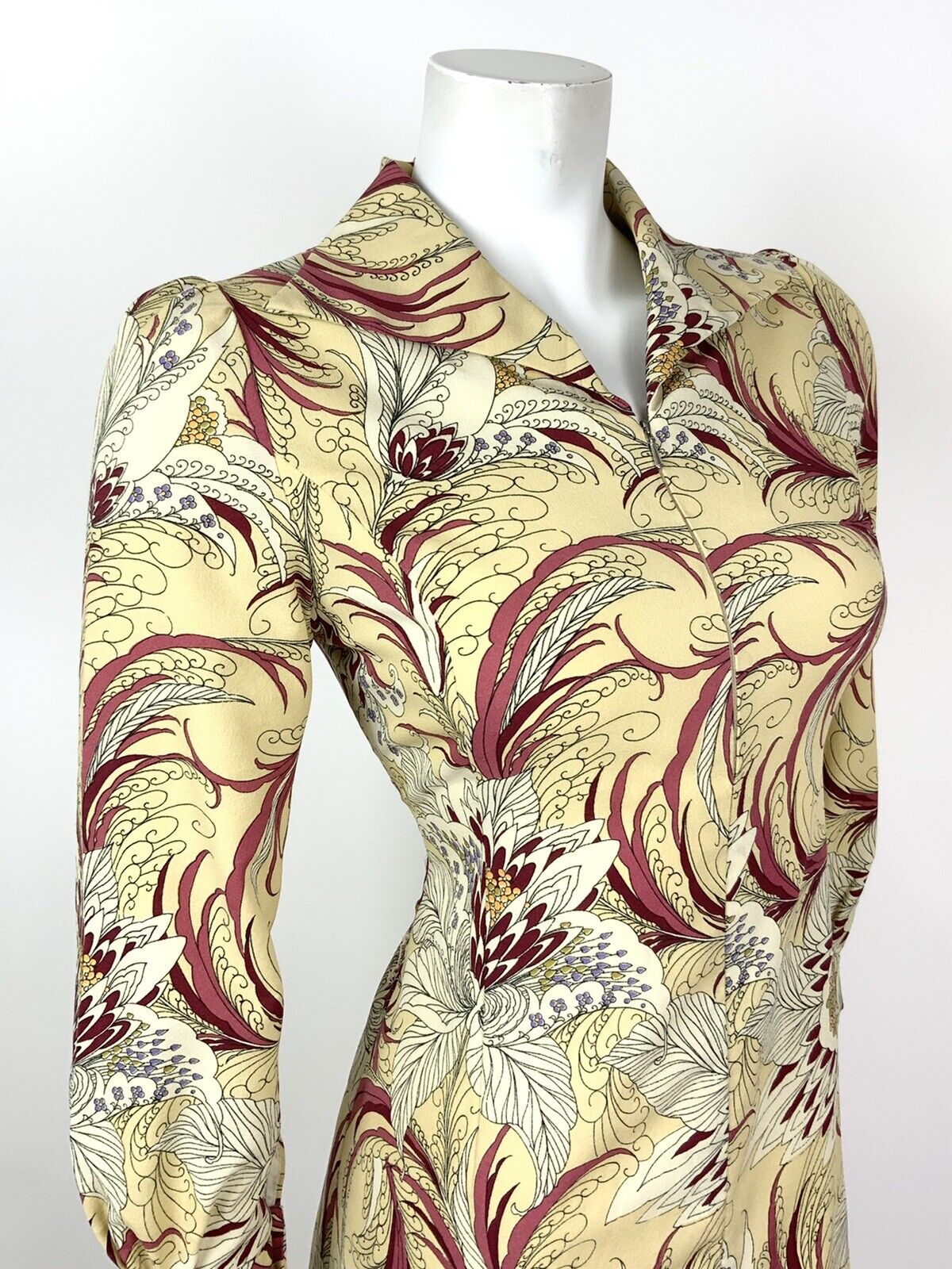 VINTAGE 60s 70s CREAM RED WHITE FLORAL FEATHER SWIRL SHIRT DRESS 8 10