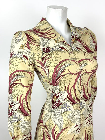 VINTAGE 60s 70s CREAM RED WHITE FLORAL FEATHER SWIRL SHIRT DRESS 8 10