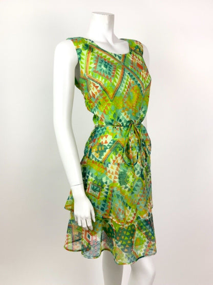 VINTAGE 60s 70s GREEN BLUE RED WHITE AZTEC GEOMETRIC TIERED SHEER DRESS 10 12