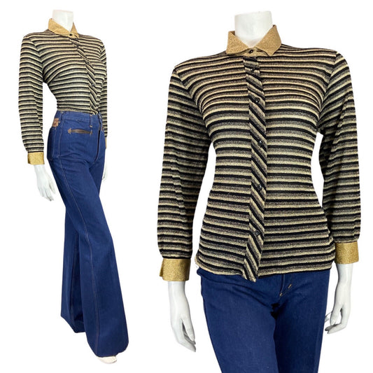 VINTAGE 60s 70s BLACK GOLD STRIPED DISCO PARTY MOD LUREX BLOUSE SHIRT 12 14