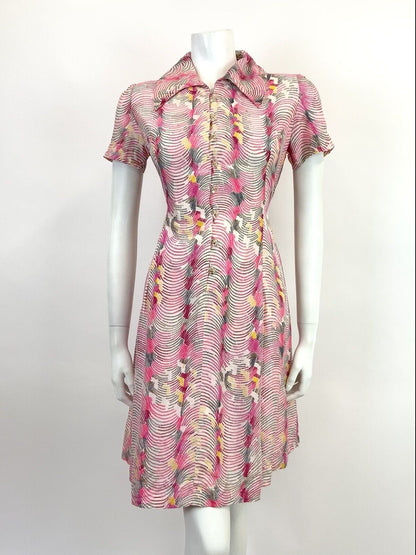 VTG 60s 70s PINK YELLOW WHITE WAVY PSYCHEDELIC WING COLLAR MOD SHIRT DRESS 10 12