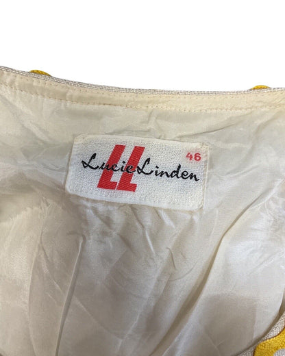 VINTAGE 60s CREAM RED YELLOW RIC-RAC CROCHETED LUCIE LINDEN MOD SWING DRESS 8