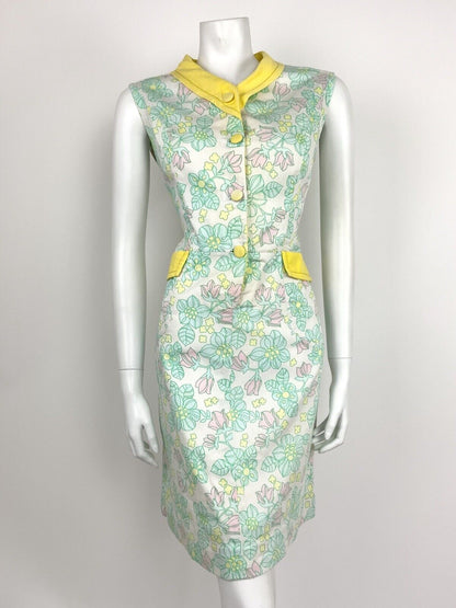 VINTAGE 60s 70s WHITE PASTEL PINK BLUE YELLOW FLORAL SHAWL SHEATH DRESS 10 12