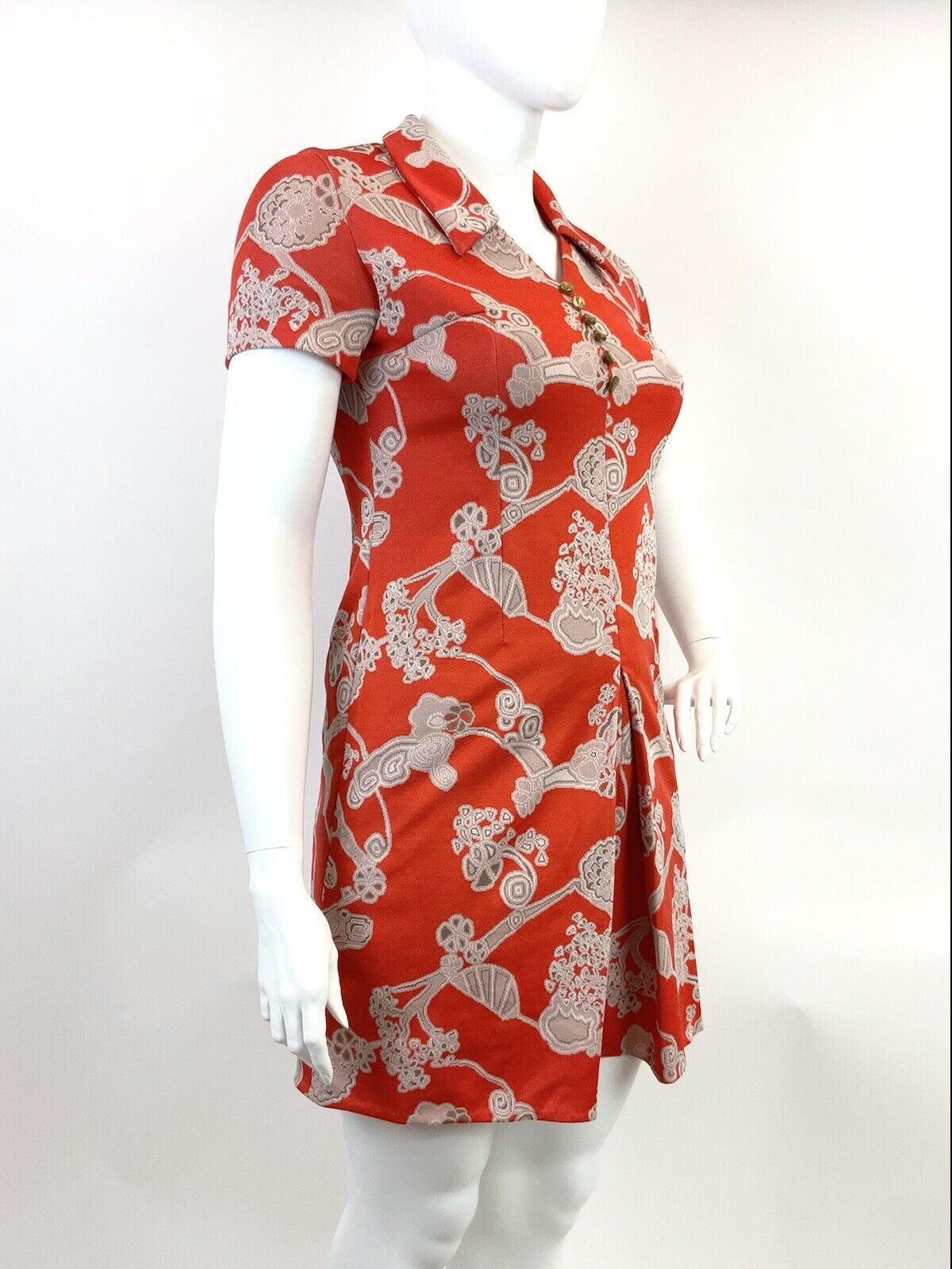 VINTAGE 60s 70s RED CREAM BROWN FLORAL ABSTRACT DAGGER COLLAR SHIRT DRESS 16