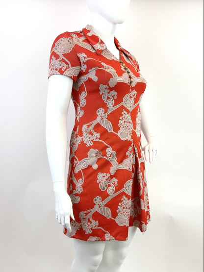 VINTAGE 60s 70s RED CREAM BROWN FLORAL ABSTRACT DAGGER COLLAR SHIRT DRESS 16