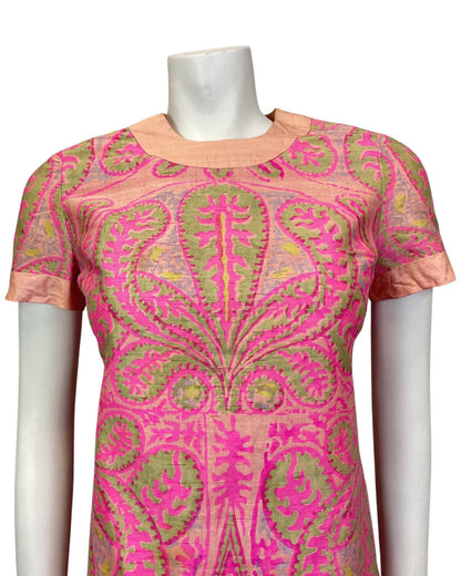VINTAGE 60s 70s PINK PEACH LILAC GREEN PAISLEY MOD SHIFT DRESS 8 10