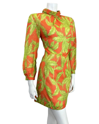 VINTAGE 60s 70s ORANGE GREEN PALM LEAF SHEER TURTLENECK MOD SHIFT DRESS 8 10