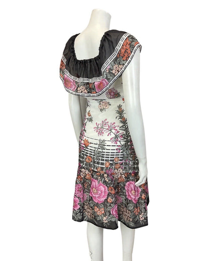 VINTAGE 60s 70s WHITE BLACK PINK FLORAL GARDEN RUFFLED SUMMER DRESS 10 12