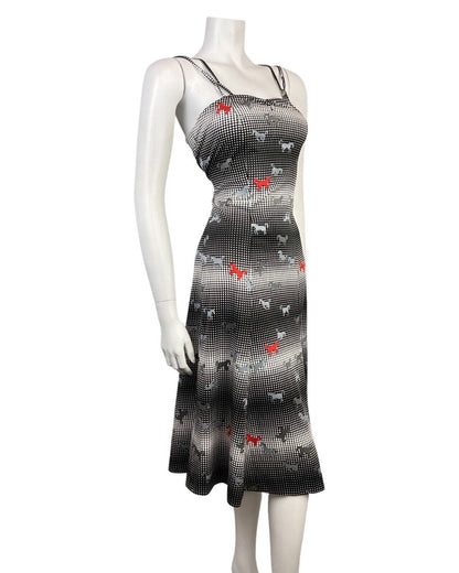 VINTAGE 60s STYLE 90s BLACK WHITE RED HALFTONE DOTTY HORSE STRAPPY SUN DRESS 8