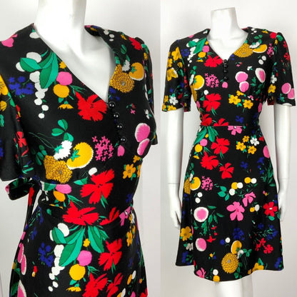 VTG 60s 70s BLACK YELLOW GREEN PINK FLORAL PSYCHEDELIC BELL SWING DRESS 12 14
