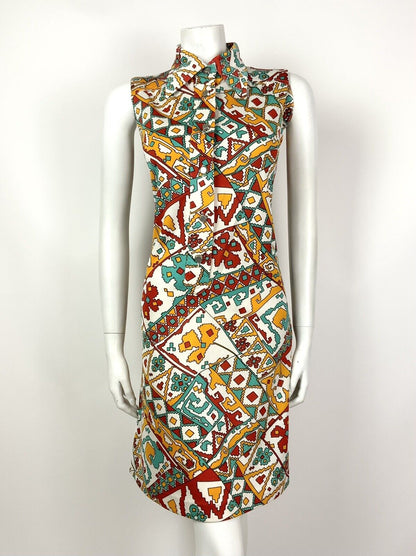 VINTAGE 60s 70s WHITE BLUE RED YELLOW GEOMETRIC AZTEC DAGGER SHIRT DRESS 12 14