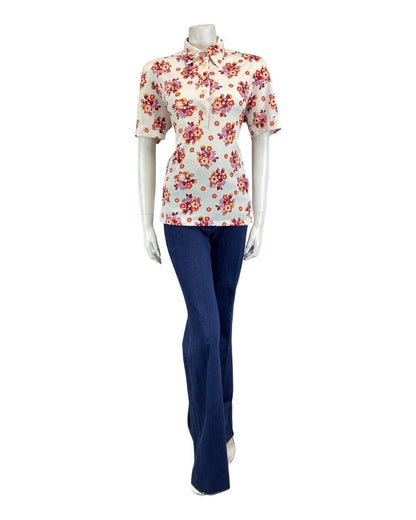 VINTAGE 60s 70s WHITE RED PURPLE DAISY FLORAL MOD SHORT SLEEVE SHIRT 16 18