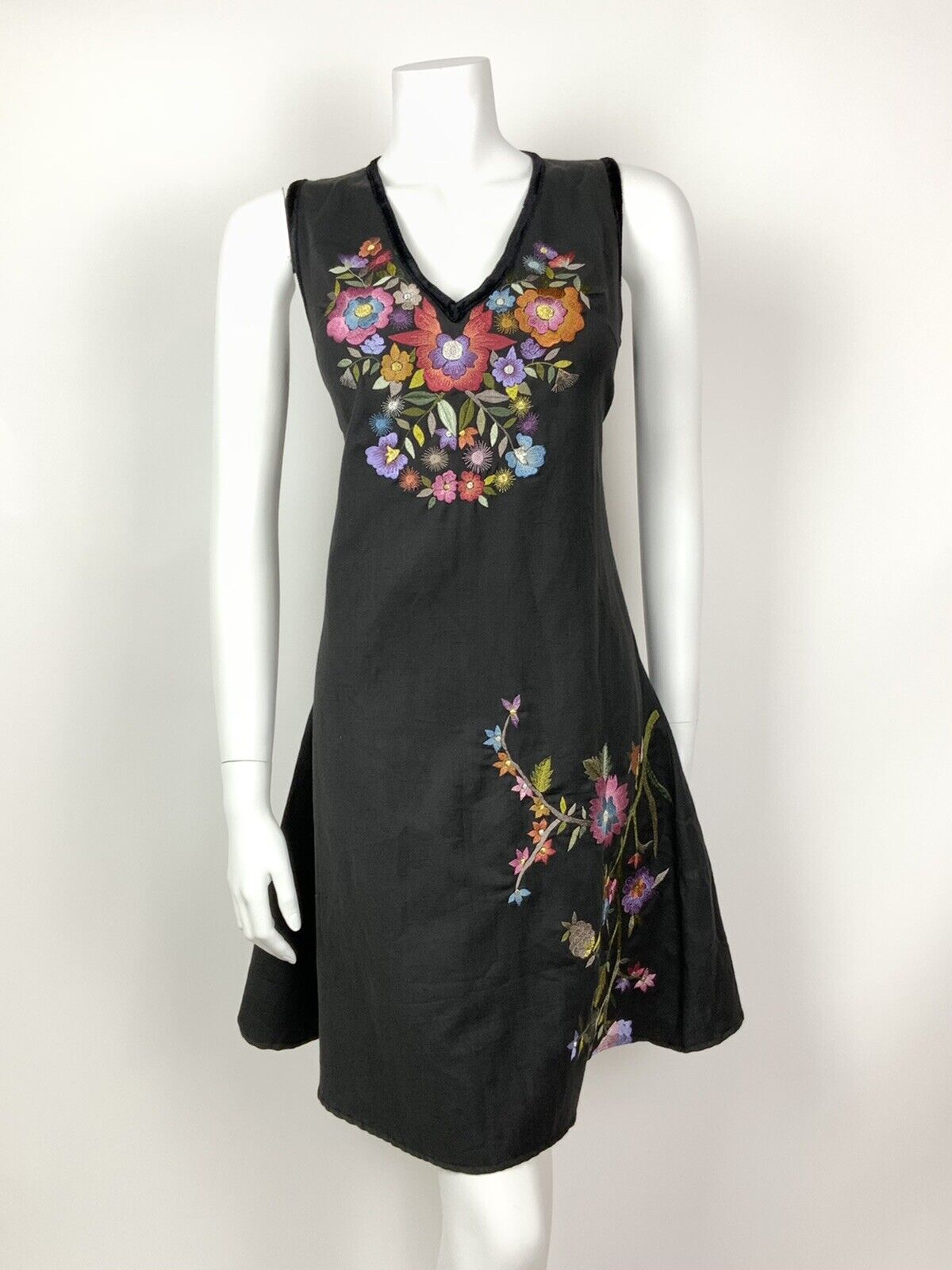 VINTAGE 70s STYLE 90s BLACK RED PURPLE BLUE FLORAL EMBROIDERED DRESS 12 14