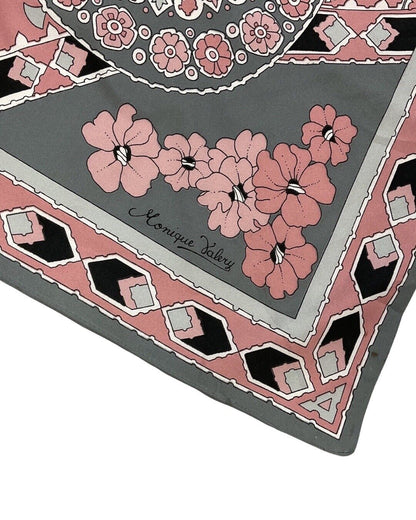 VINTAGE 60s 70s GREY SILVER PINK FLORAL GEOMETRIC MOD SQUARE SCARF