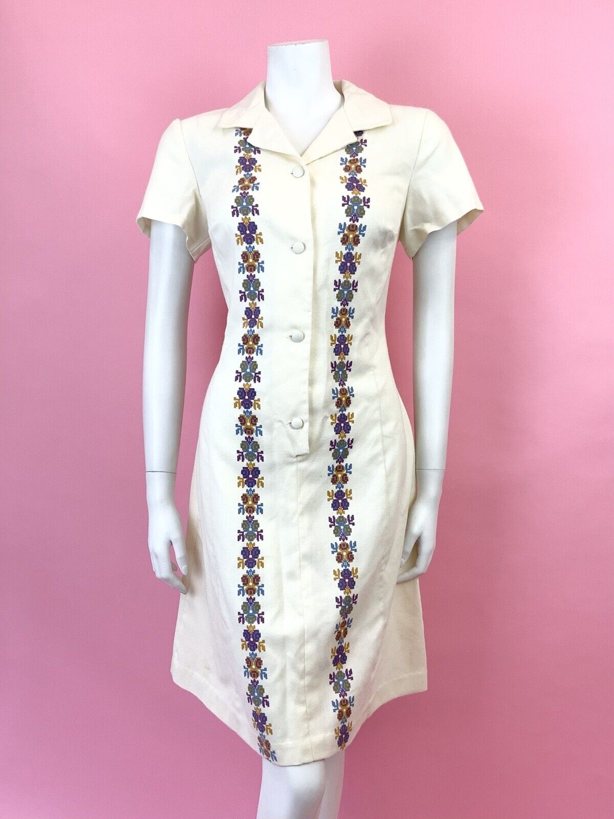 VINTAGE 60s 70s CREAM BLUE PURPLE PIXEL ROSE FLORAL REVERS SHIRT DRESS 12 14