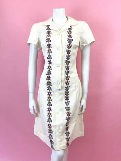 VINTAGE 60s 70s CREAM BLUE PURPLE PIXEL ROSE FLORAL REVERS SHIRT DRESS 12 14