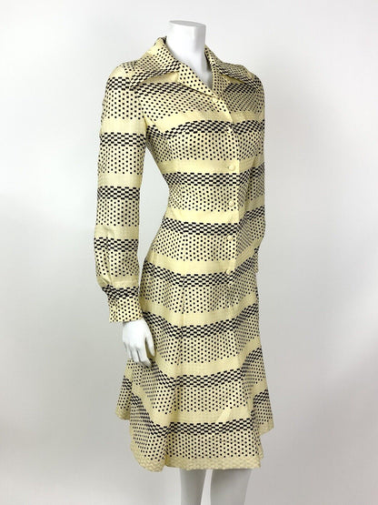 VINTAGE 60s 70s YELLOW CREAM BLACK CHECKERBOARD STRIPED DAGGER SHIRT DRESS 10