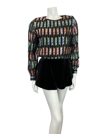 VINTAGE 70s 80s BLACK GREEN SILVER STRIPED DISCO PARTY SHEER BLOUSE TOP 10