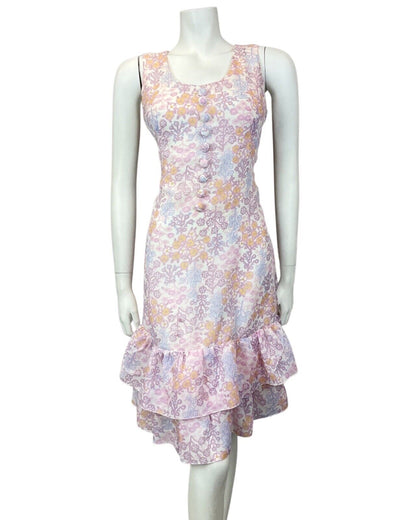 VTG 60s 70s PURPLE WHITE ORANGE FLORAL RUFFLED BETTY BARCLAY SUMMER DRESS 10