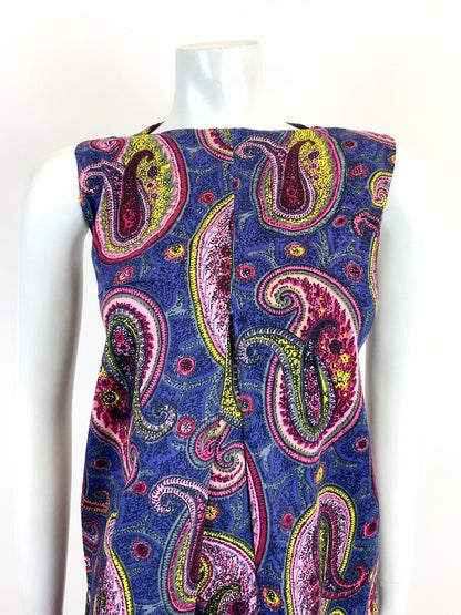 VTG 60s 70s BLUE PINK YELLOW PSYCHEDELIC PAISLEY MOD SHIFT  A-LINE DRESS 10 12