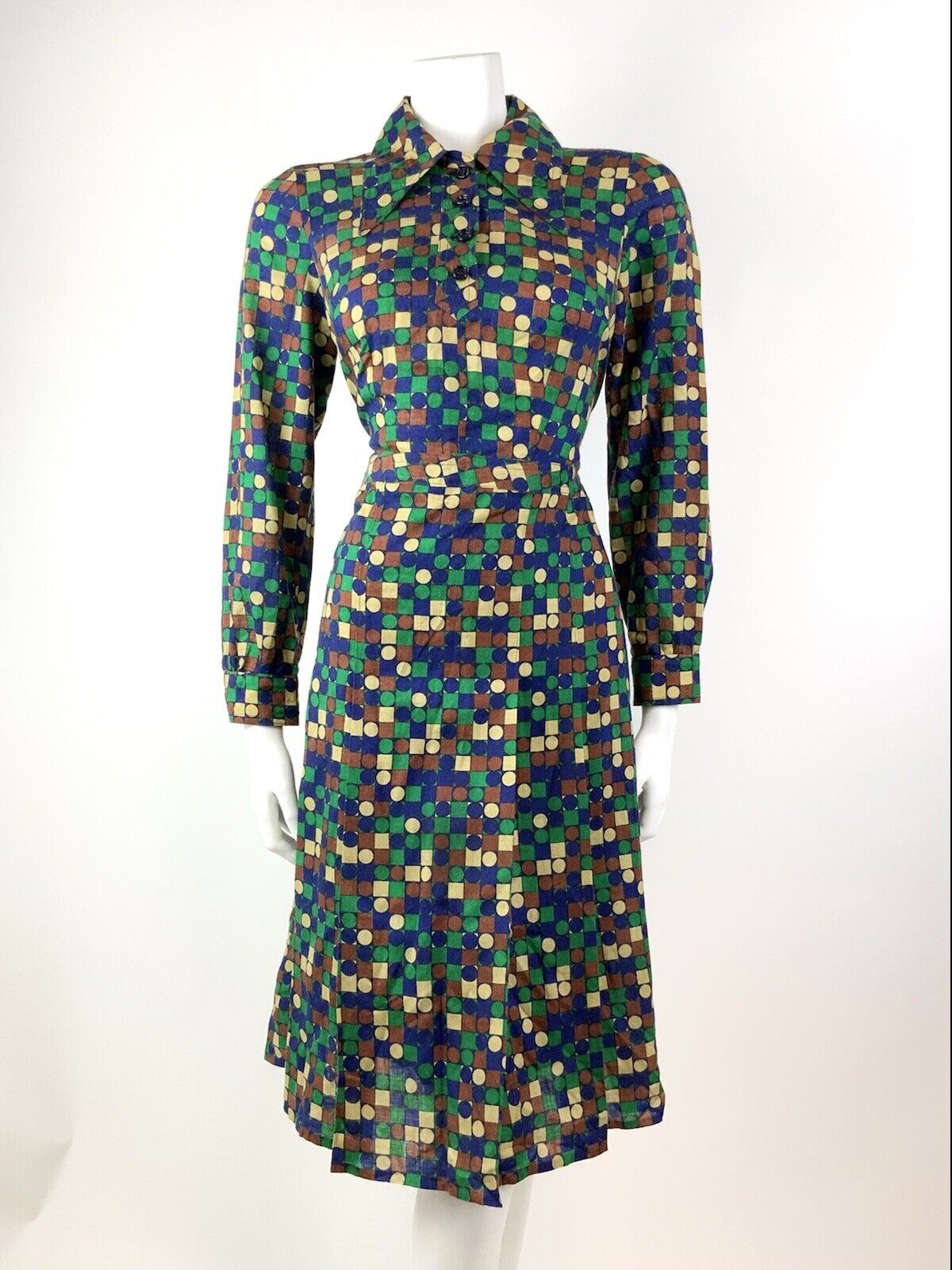 VINTAGE 60s 70s GREEN BLUE BROWN GEOMETRIC CHECKED DOTTY DAGGER SHIRT DRESS 12