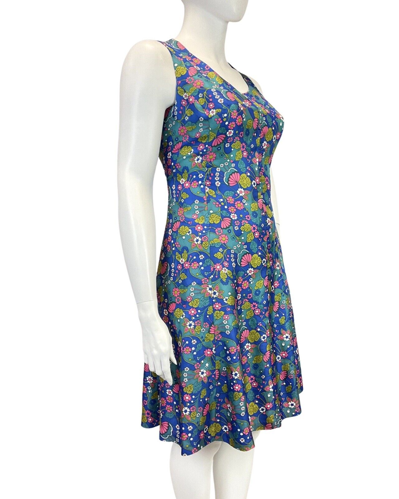 VINTAGE 60s 70s BLUE PINK GREEN PSYCHEDELIC FLORAL DAISY SLEEVELESS DRESS 16