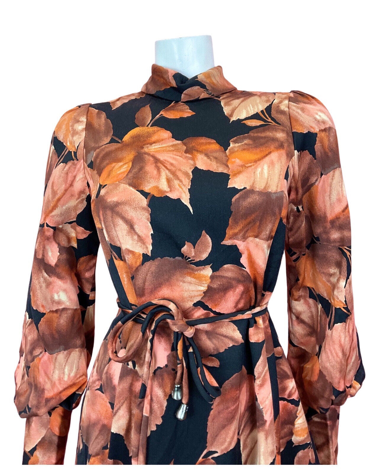 VTG 60s 70s ORANGE BROWN BLACK LEAFY TURTLENECK BISHOP SLEEVE SWING DRESS 8