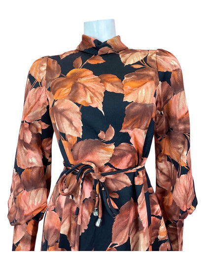 VTG 60s 70s ORANGE BROWN BLACK LEAFY TURTLENECK BISHOP SLEEVE SWING DRESS 8