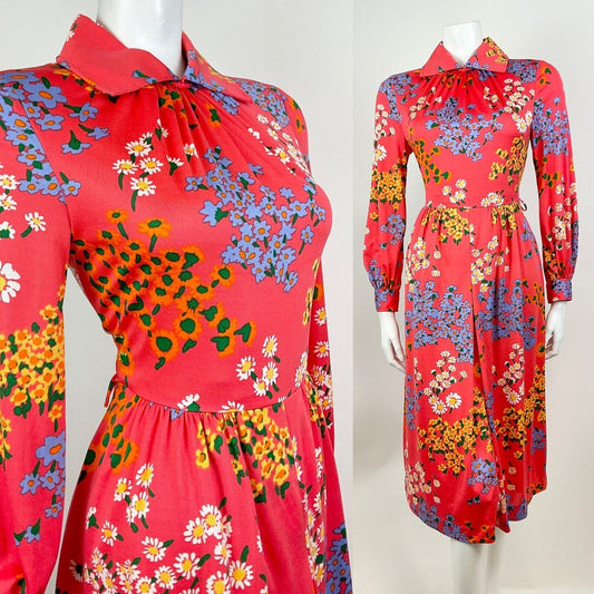 VINTAGE 60s 70s CORAL GREEN BLUE WHITE DAISY FLORAL DITSY MOD SHIRT DRESS 10