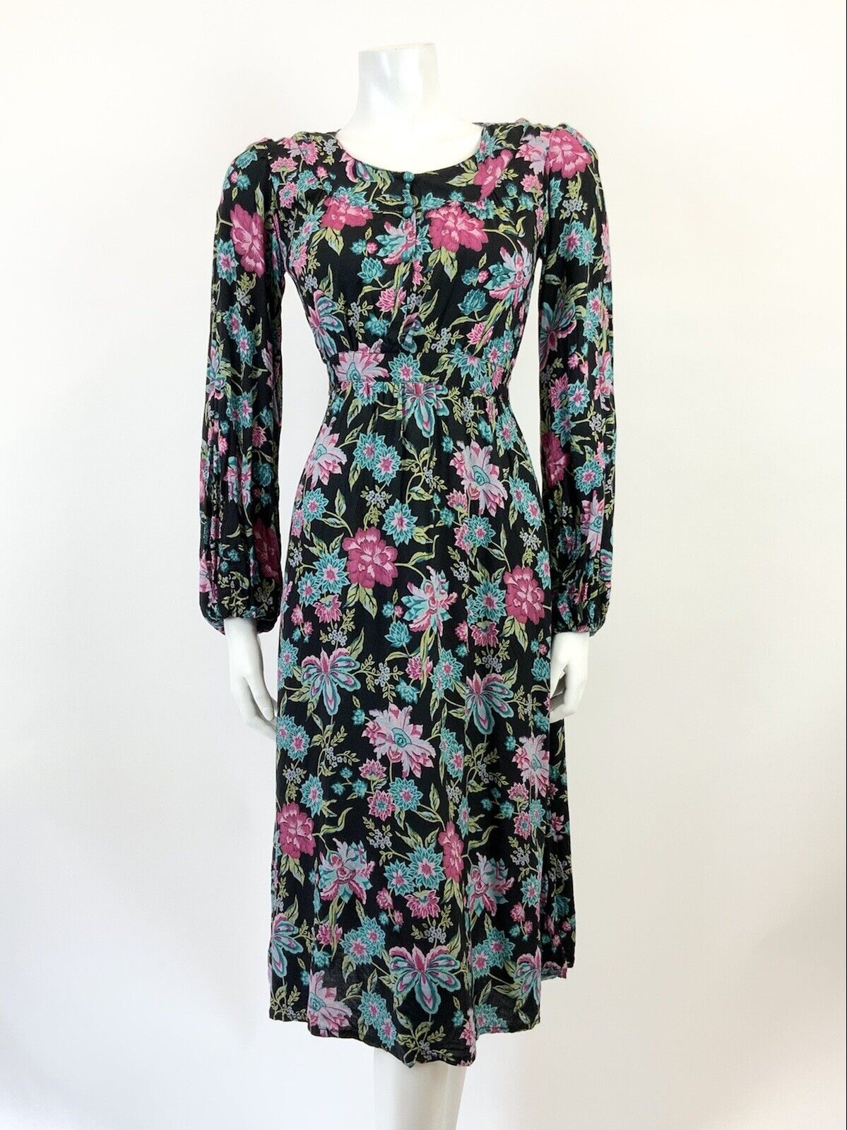 VINTAEG 60s 70s BLACK PINK BLUE GREEN FLORAL BOHO FOLK PUFF SLEEVE DRESS 8