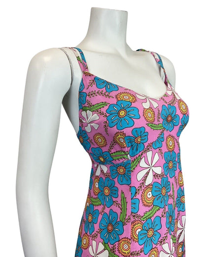 VINTAGE 60s 70s PINK BLUE WHITE HAWAIIAN FLORAL STRAPPY SUN DRESS 12 14