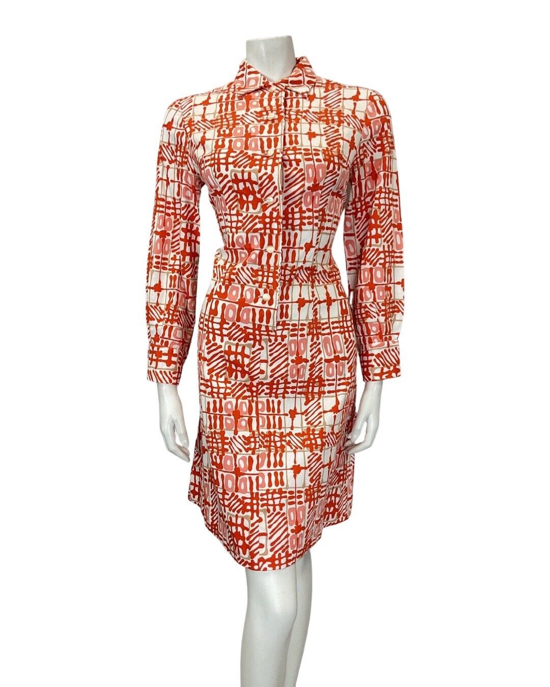 VINTAGE 60s 70s ORANGE PINK WHITE GEOMETRIC CHECKED DAGGER SHIRT DRESS 10