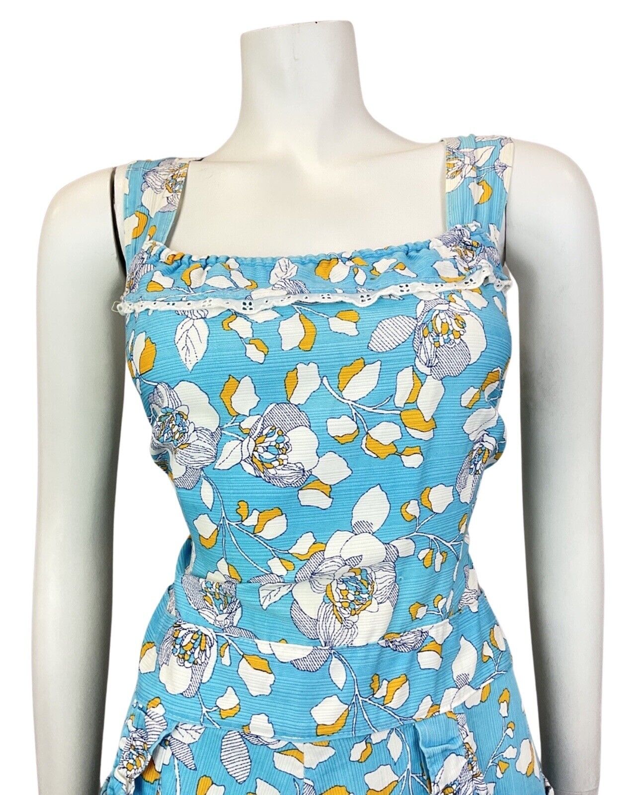 VINTAGE 60s 70s BLUE WHITE GOLD FLORAL LACE PINAFORE SUMMER DRESS 12 14