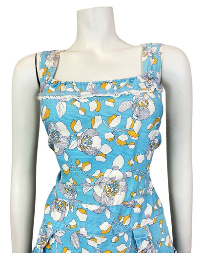 VINTAGE 60s 70s BLUE WHITE GOLD FLORAL LACE PINAFORE SUMMER DRESS 12 14