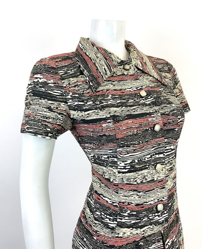 VINTAGE 60s 70s CREAM BLACK RED STRIPED WOOD GRAIN MOD DAGGER SHIRT DRESS 10 12