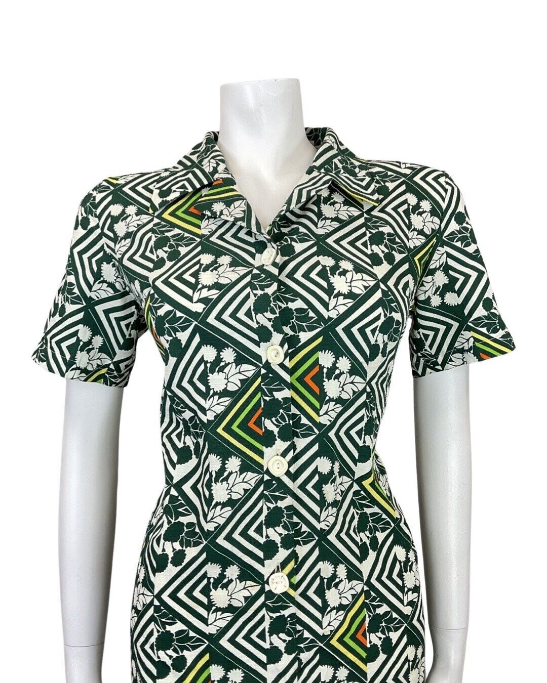 VINTAGE 60s 70s GREEN WHITE YELLOW GEOMETRIC BERRY FLORAL MOD SHIRT DRESS 12 14