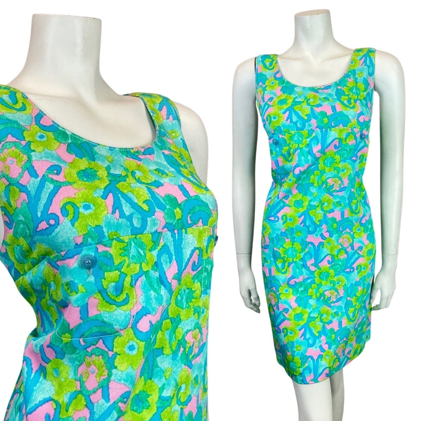 VINTAGE 60s 70s BLUE GREEN PINK PSYCHEDELIC SUMMER PINAFORE A-LINE DRESS 8
