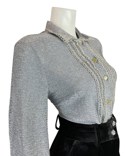VINTAGE 60s 70s SILVER SCALLOPED GLITTER DISCO PARTY STUDIO 54 LUREX SHIRT 14 16