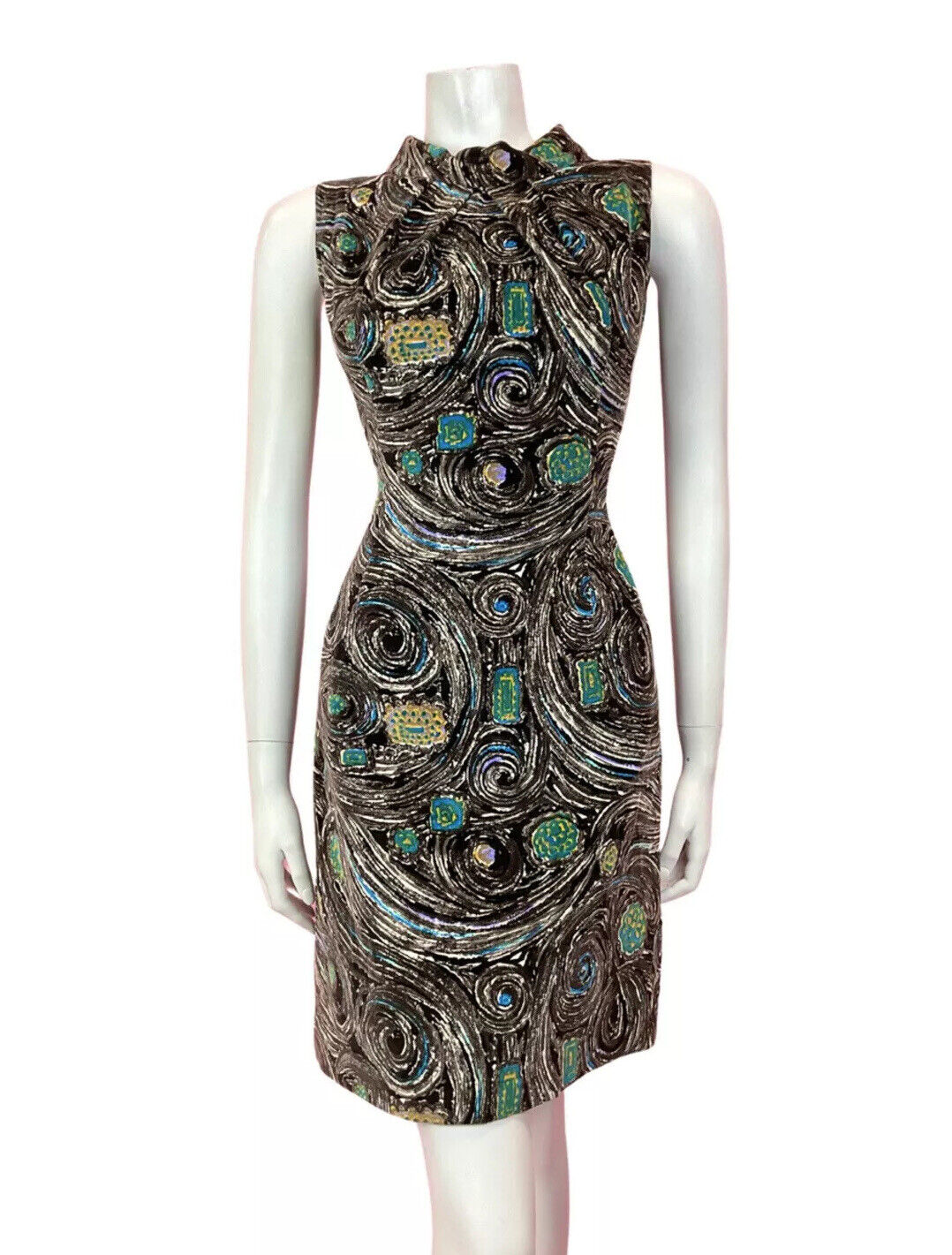 VTG 60s 70s BROWN CREAM BLUE PSYCHEDELIC SWIRL FLOWER VELVET WIGGLE DRESS 8 10