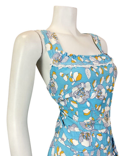 VINTAGE 60s 70s BLUE WHITE GOLD FLORAL LACE PINAFORE SUMMER DRESS 12 14