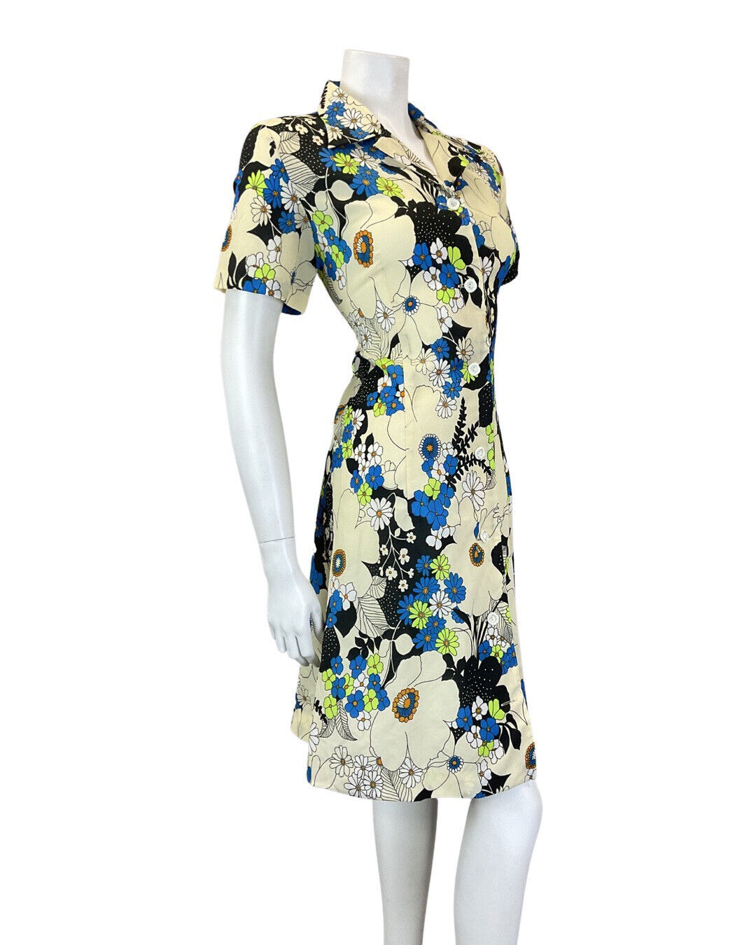 VINTAGE 60s 70s CREAM BLUE BLACK PSYCHEDELIC FLOWER MOD SHIRT DRESS 10 12