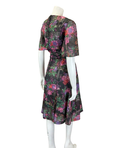 VINTAGE 60s 70s BLACK PINK PURPLE PLAID FLORAL ROSE SHEER SWING TEA DRESS 10 12