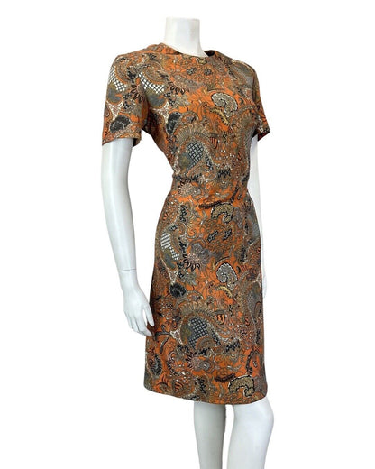 VINTAGE 60s 70s ORANGE GREY BLUE PSYCHEDELIC PAISLEY FLORAL DRESS 14 16