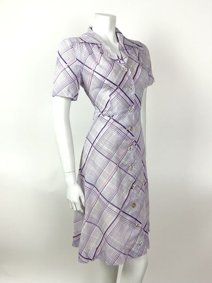 VINTAGE 60s 70s LILAC PURPLE WHITE GRID CHECKED DAGGER SHIRT DRESS 10 12