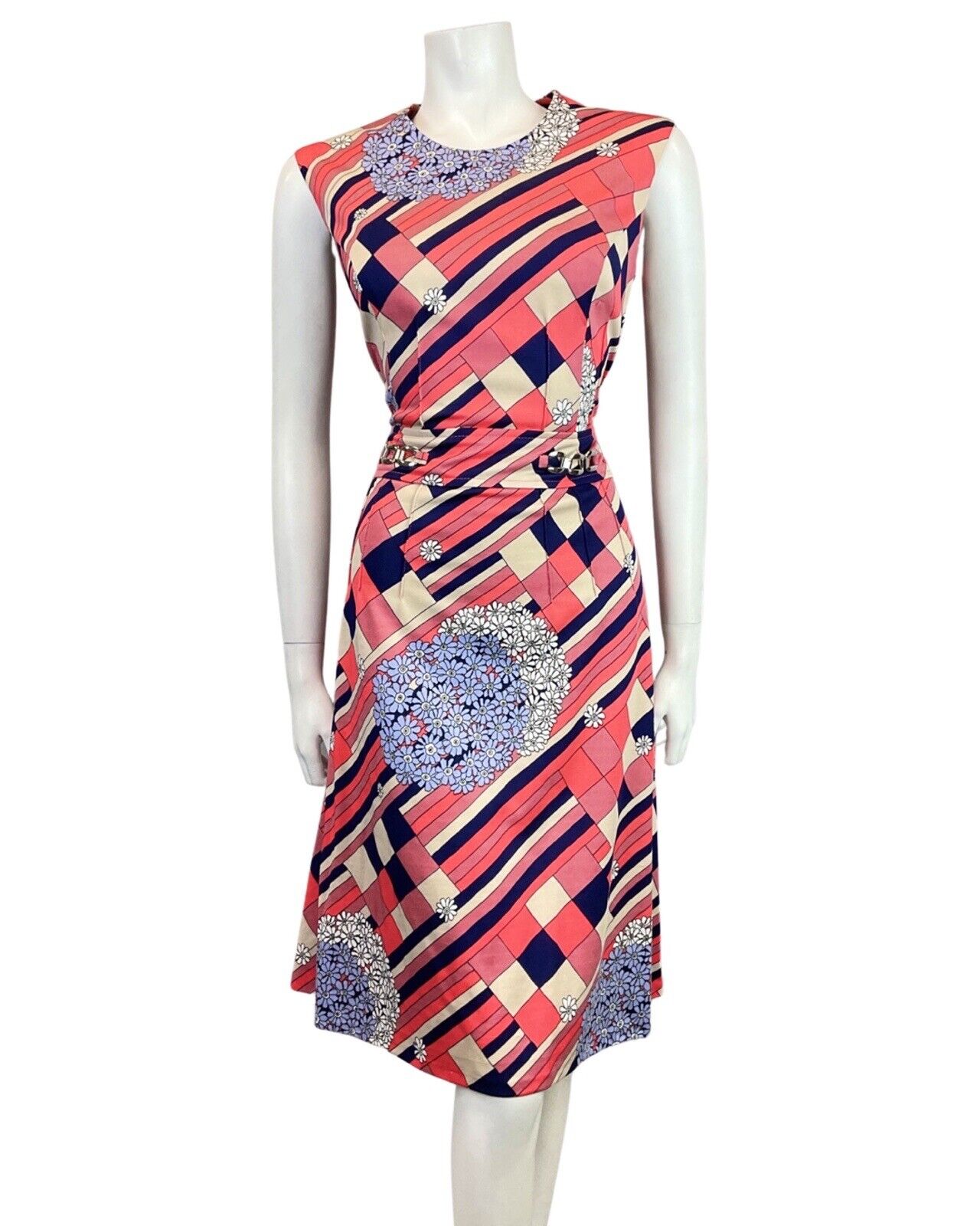 VINTAGE 60s 70s PINK BLUE CREAM GEOMETRIC FLORAL DAISY SLEEVELESS DRESS 12 14